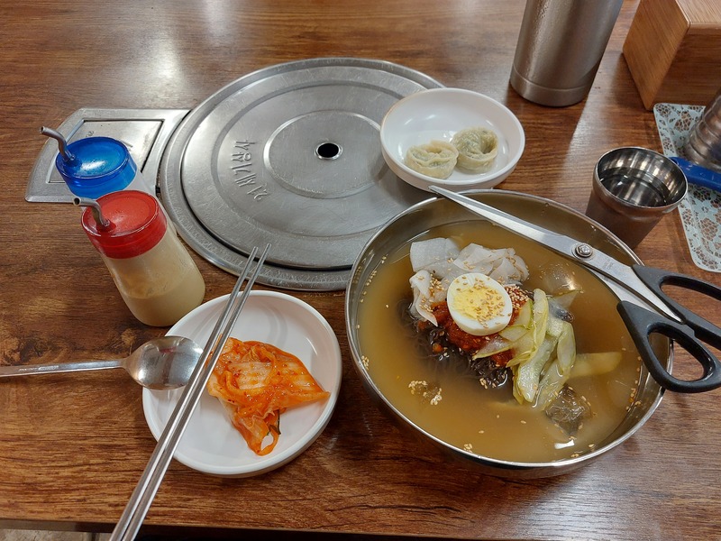 A bowl of mul-naengmyeon, with kimchi and dumplings on the side