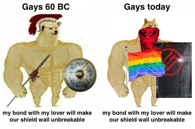 Gays 60 BC: (Doge in Roman armor) my bond with my lover will make our shield wall unbreakable. Gays today: (Doge as a modern anarchist with a rainbow flag and a shield spray painted with the Three Arrows symbol) my bond with my lover will make our shield wall unbreakable