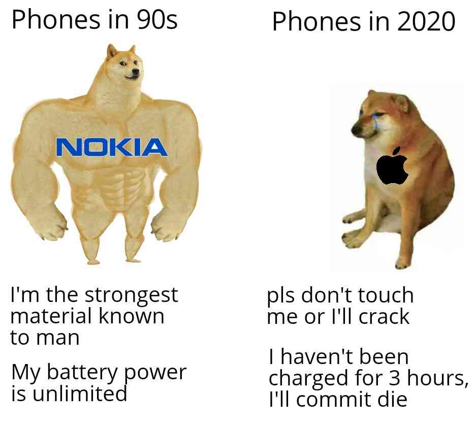 Phones in 90s: (nokia) I'm the strongest material known to man. My battery power is ulminited. Phones in 2020: (apple) pls don't touch me or I'll crack. I haven't been charged for 3 hours, I'll commit die.