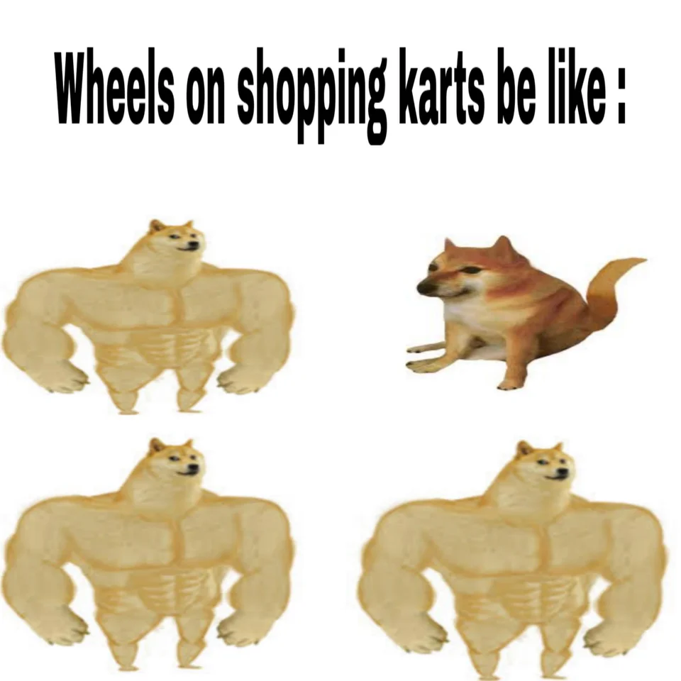 Wheels on shopping carts be like: (Three doges and one cheems)